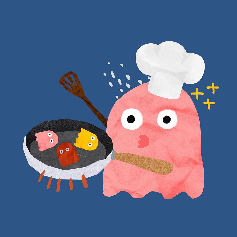 Breakfast chef monster, cute collage element