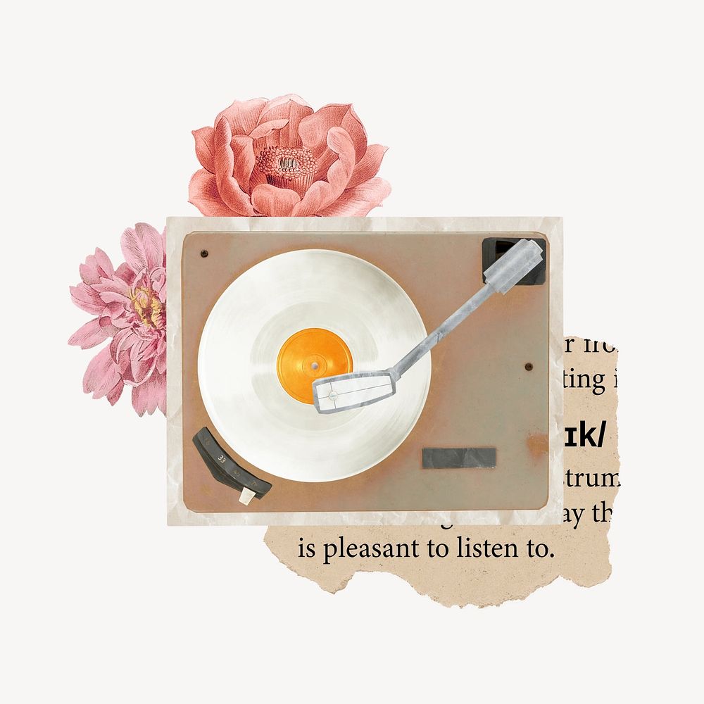 Vinyl record player, music floral aesthetic collage