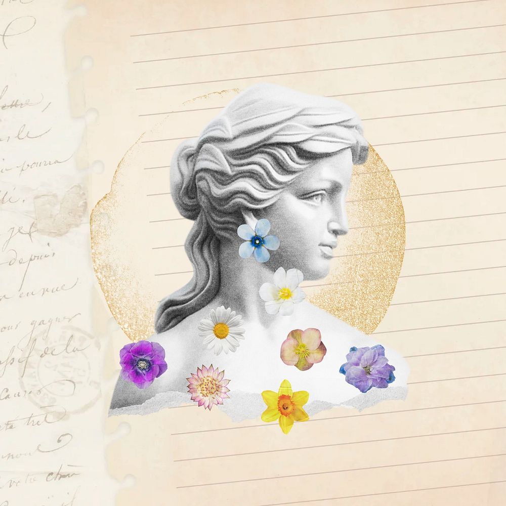 Vintage female Greek sculpture, flower remix illustration