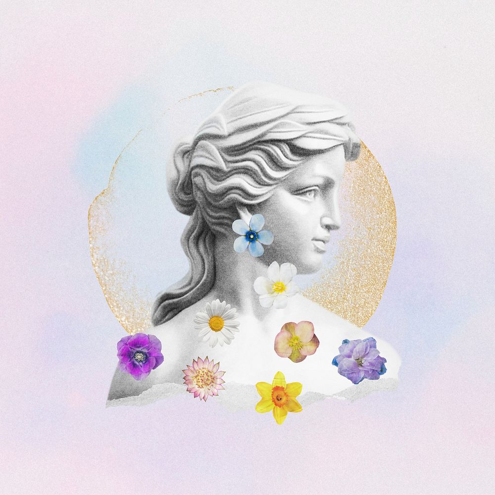 Vintage floral Greek female sculpture remix illustration