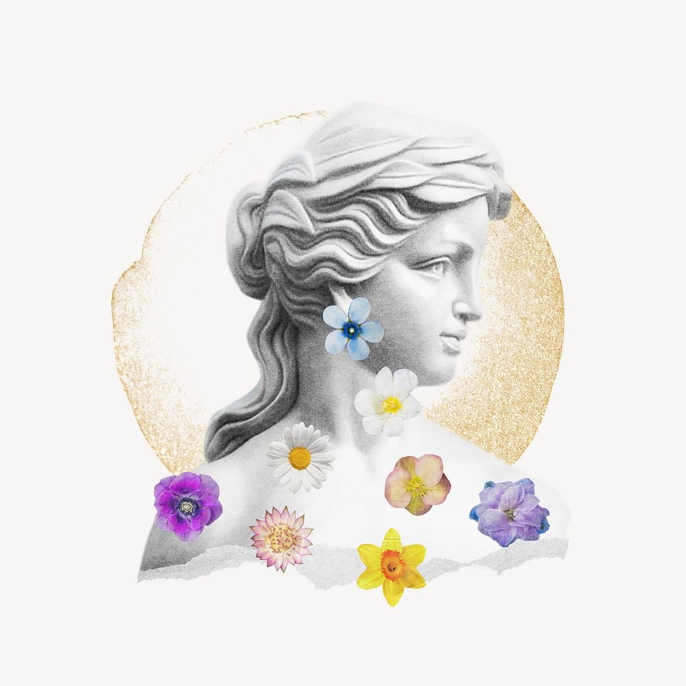 Female Greek sculpture, flower remix illustration