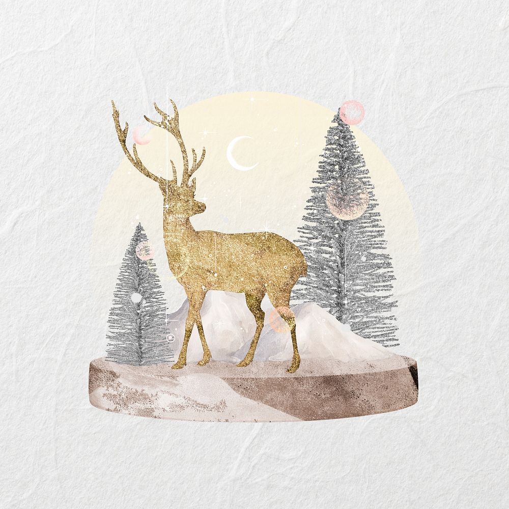 Christmas snow globe, gold stag, festive collage element