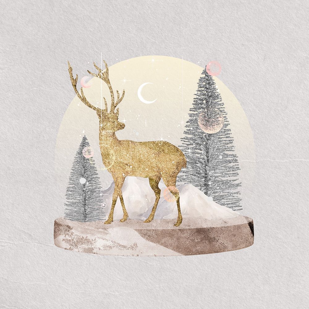 Christmas snow globe, gold stag, festive collage element