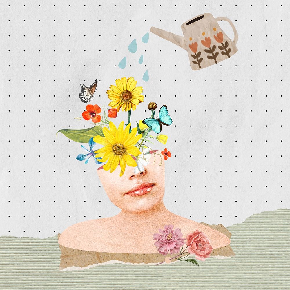 Self-growth woman, can watering mind collage