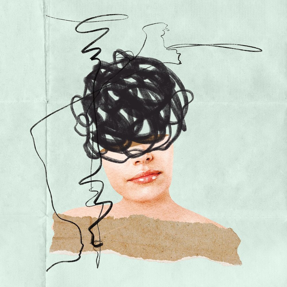 Depressed woman, scribble head collage