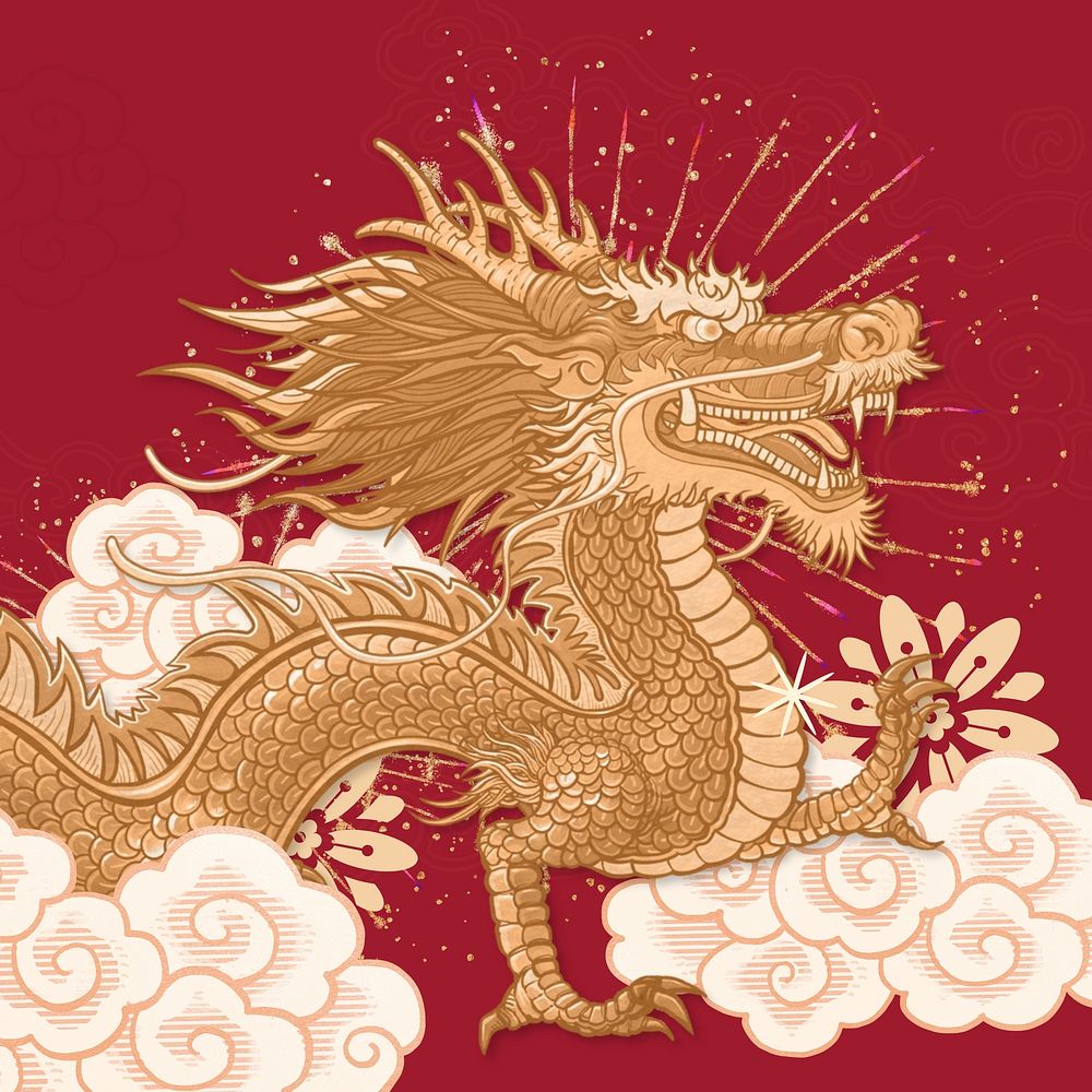 Red Chinese dragon background, oriental mythical creature illustration