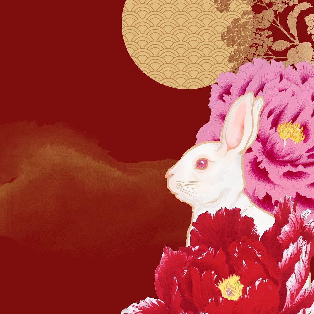 Rabbit Chinese zodiac background, red floral design