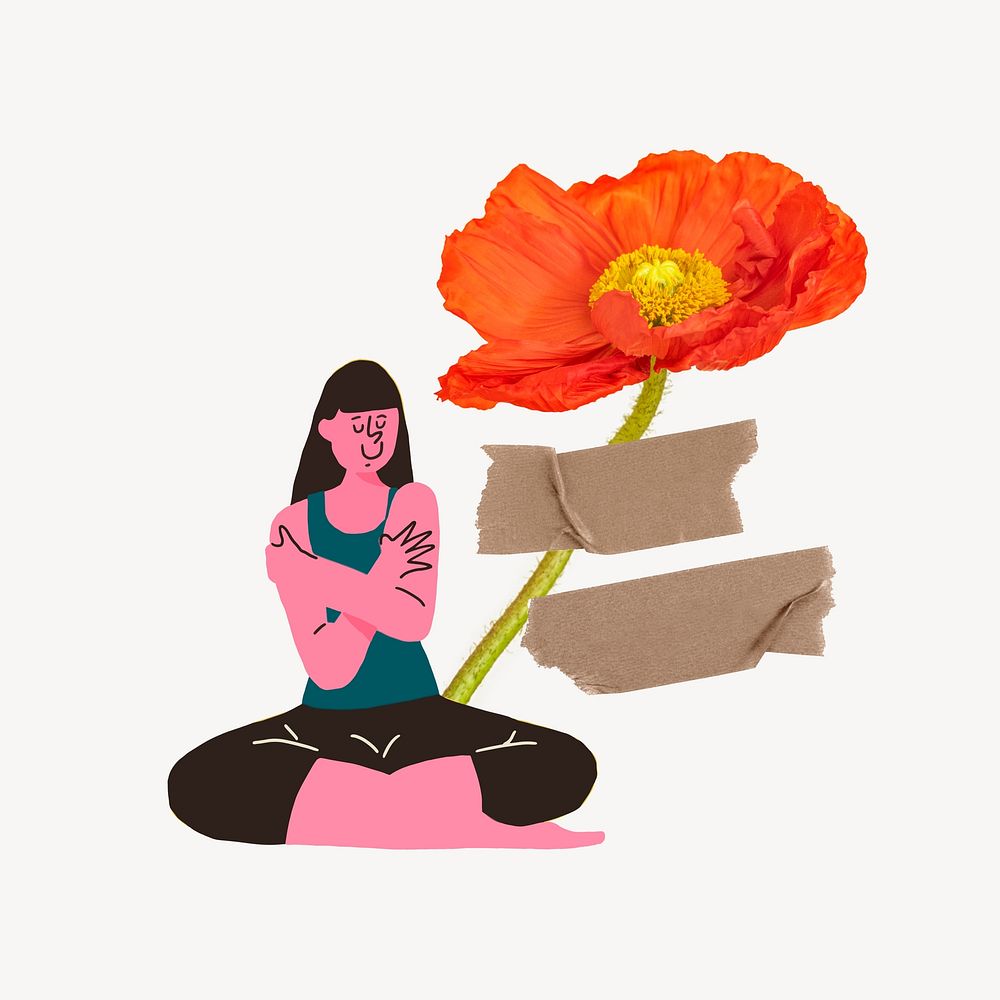 Woman hugging herself, flower collage element