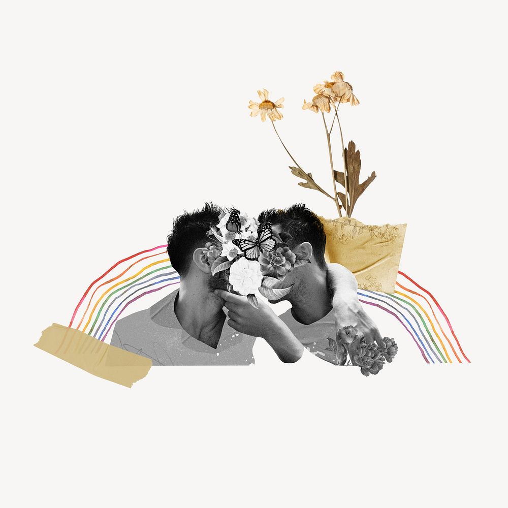 Gay couple kissing, LGBTQ Valentine's remix