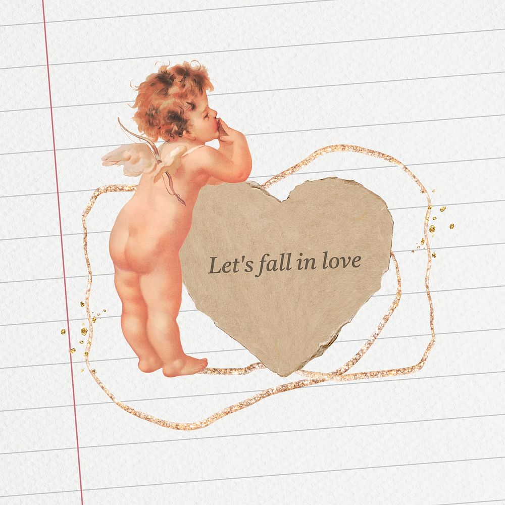 Cupid paper heart, let's fall in love quote