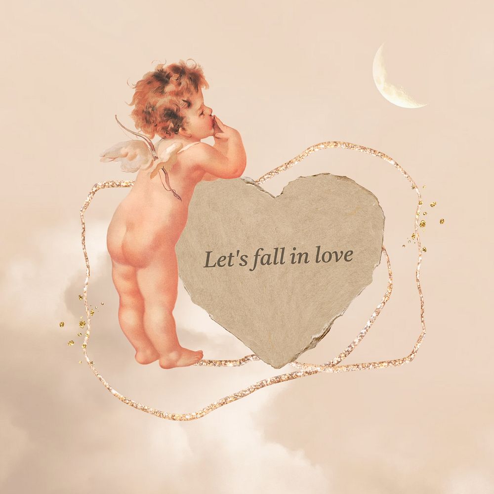 Cupid paper heart, let's fall in love quote
