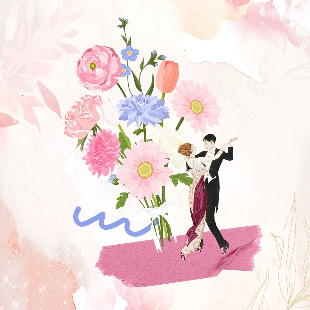 Aesthetic flower bouquet, couple dancing illustration