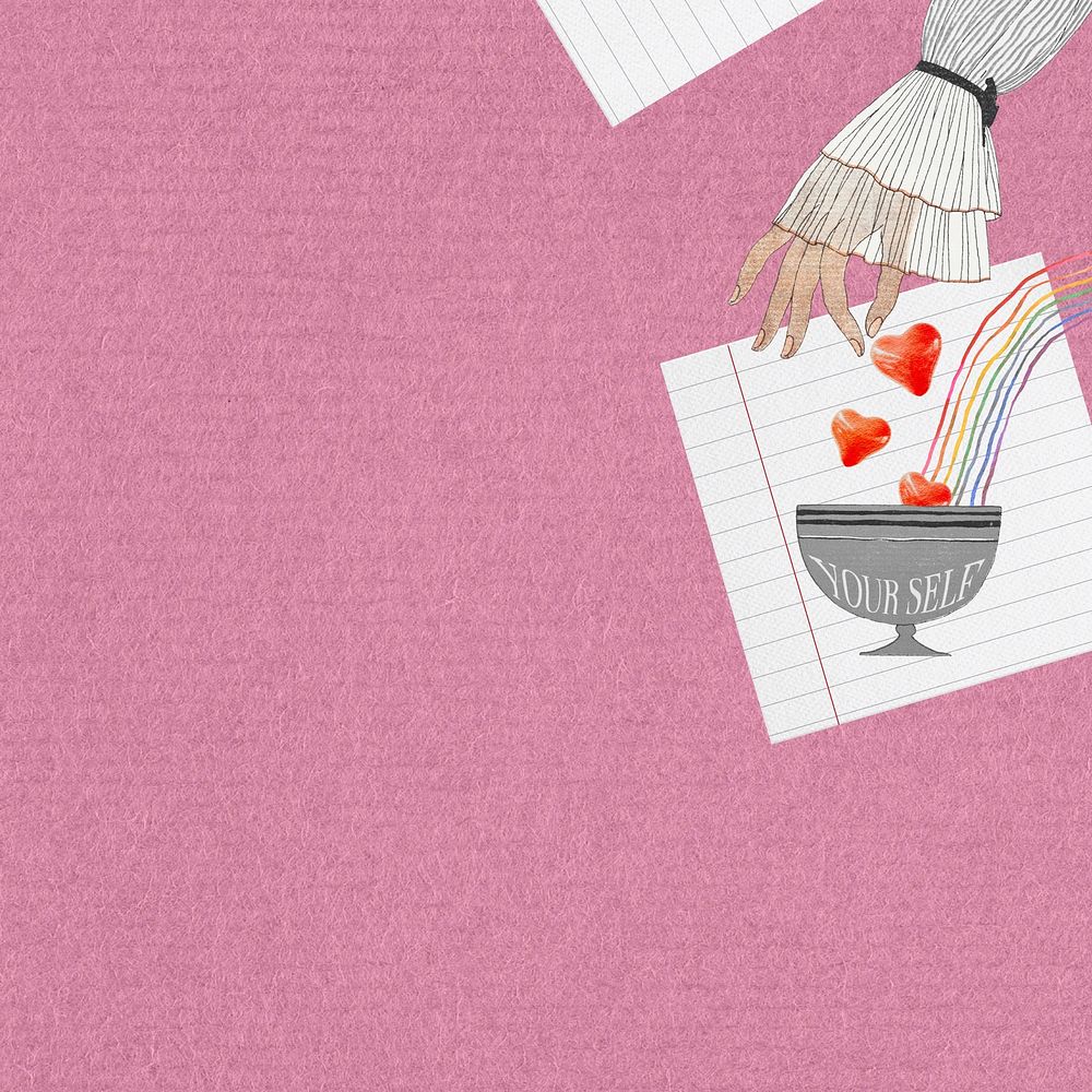 Pink self-love background, hands pouring hearts illustration