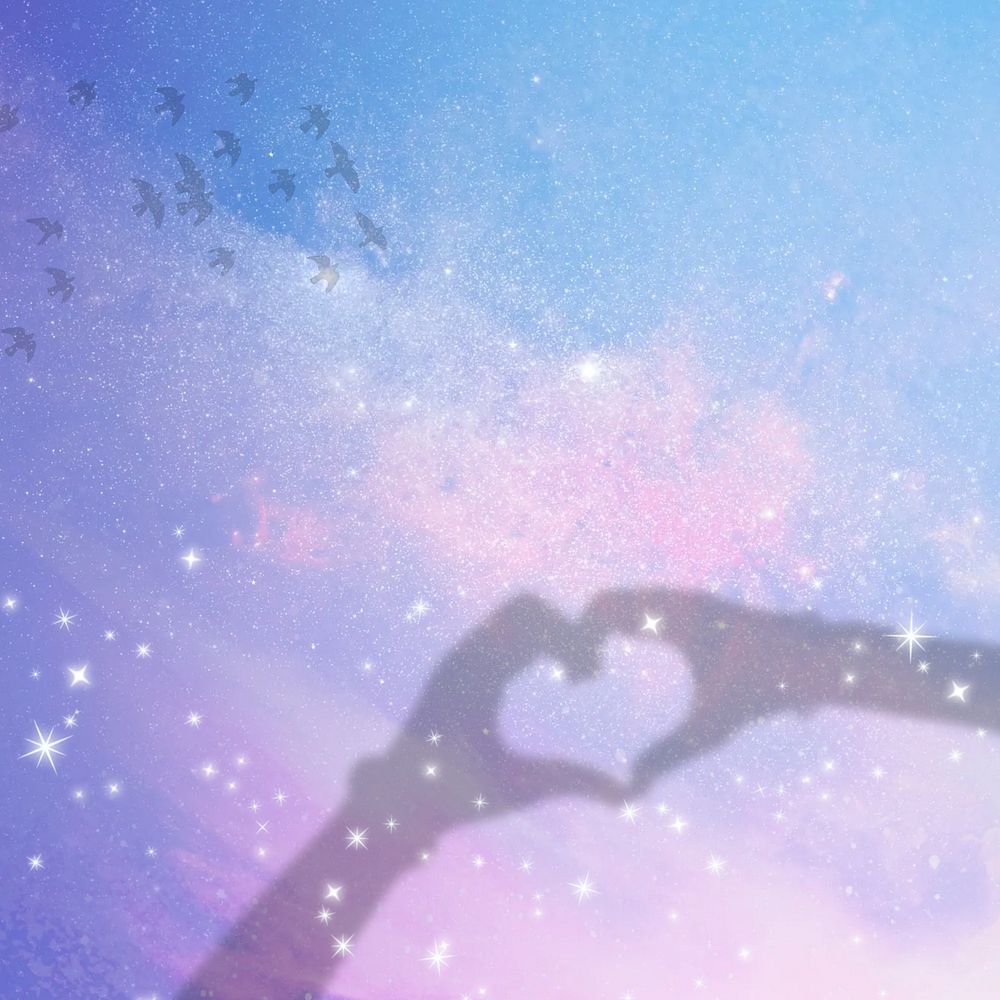 Dreamy heart hands background, aesthetic glittery sky
