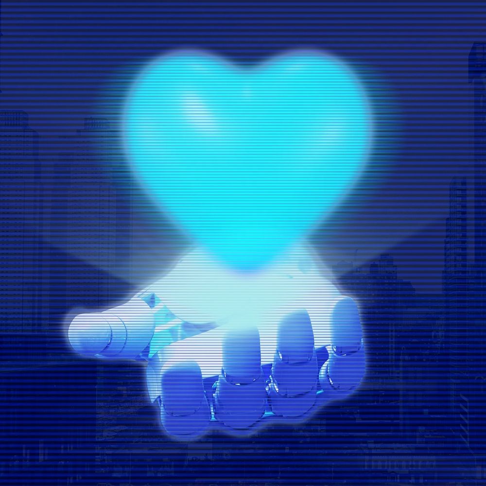 Blue heart in robot hand, digital remix