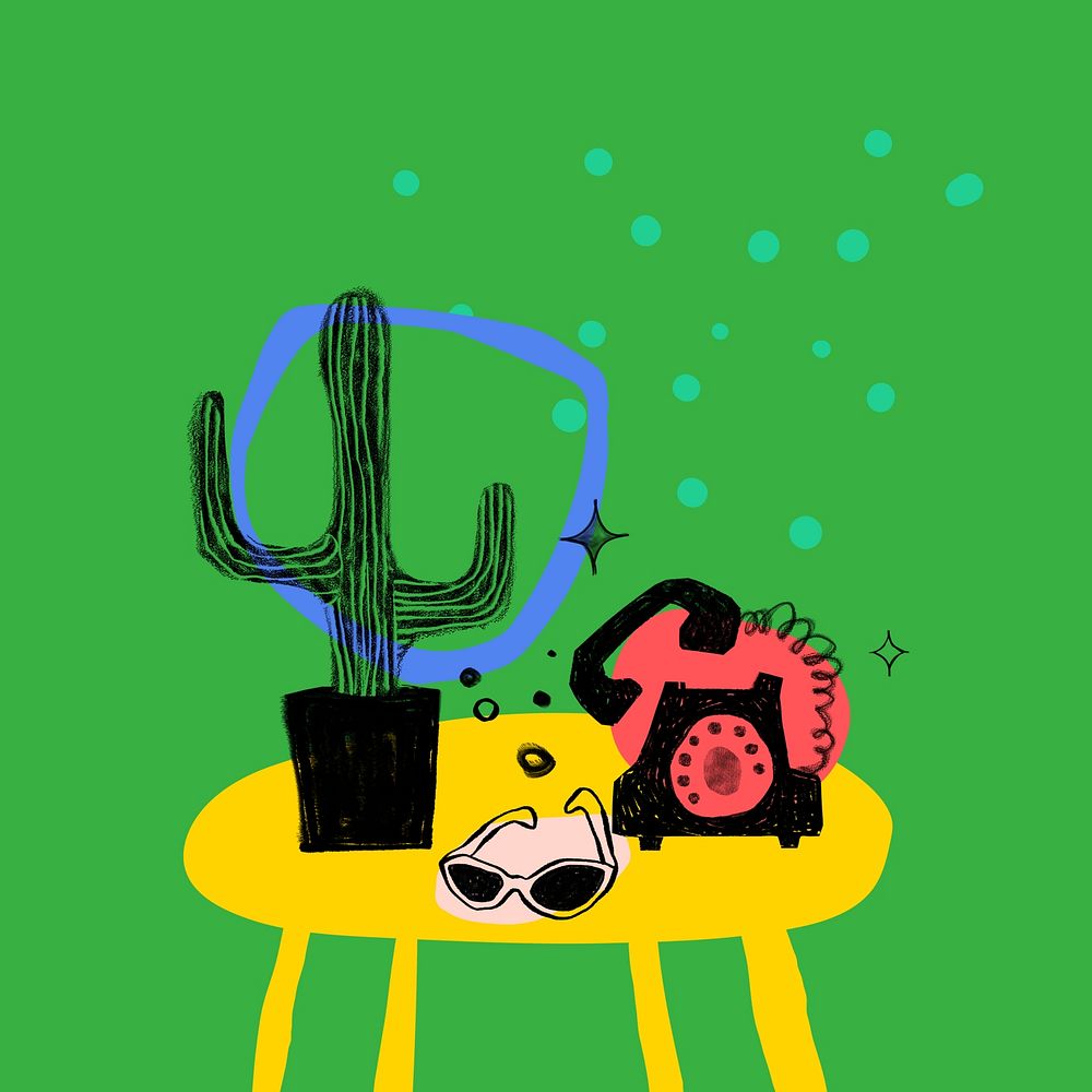 Cute cactus doodle background, green graphic