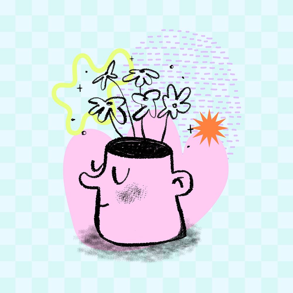 Self-growth doodle, head growing flowers