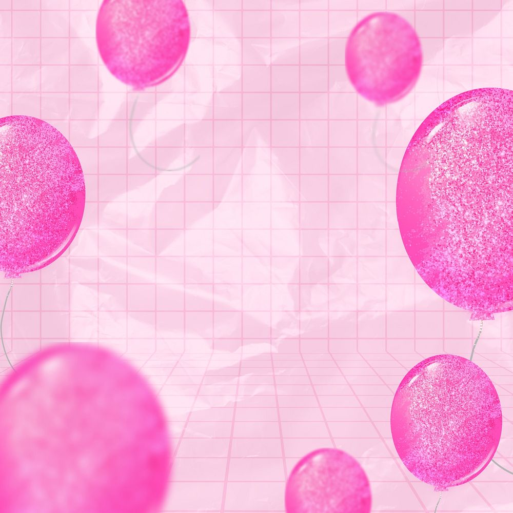 Pink floating balloons background, party border