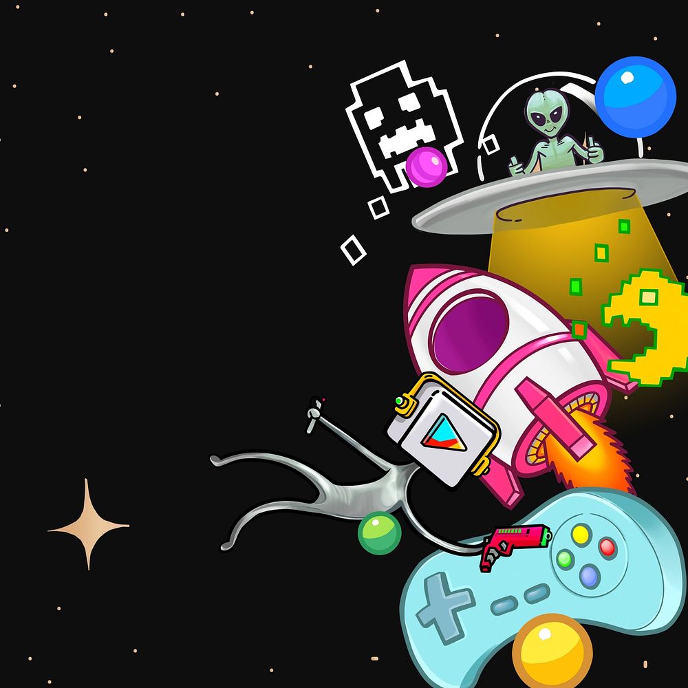 Funky space gaming background, alien cartoon border