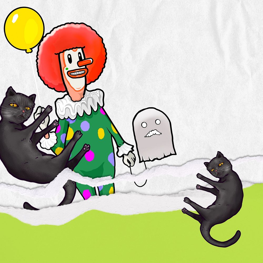 Funky clown balloon background, black cats illustration