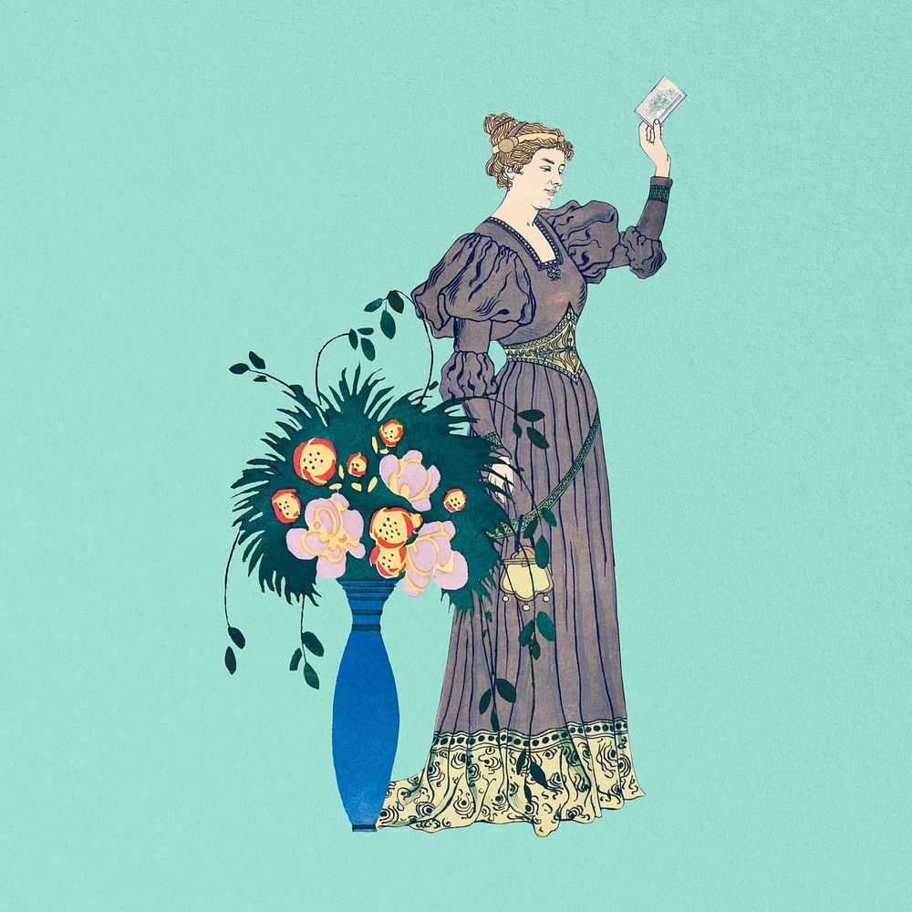 Flower vintage woman, art nouveau, remixed by rawpixel
