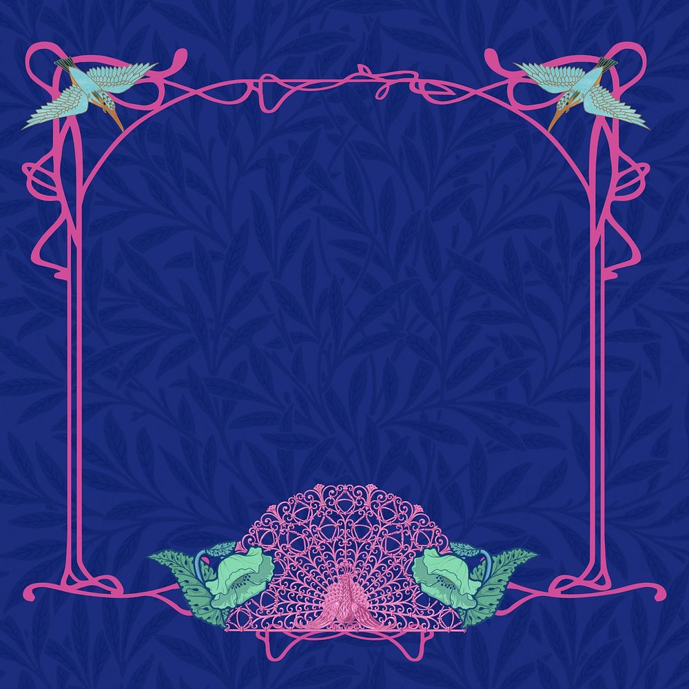 Blue leaf patterned background, pink ornamental frame, remixed from the artwork of William Morris