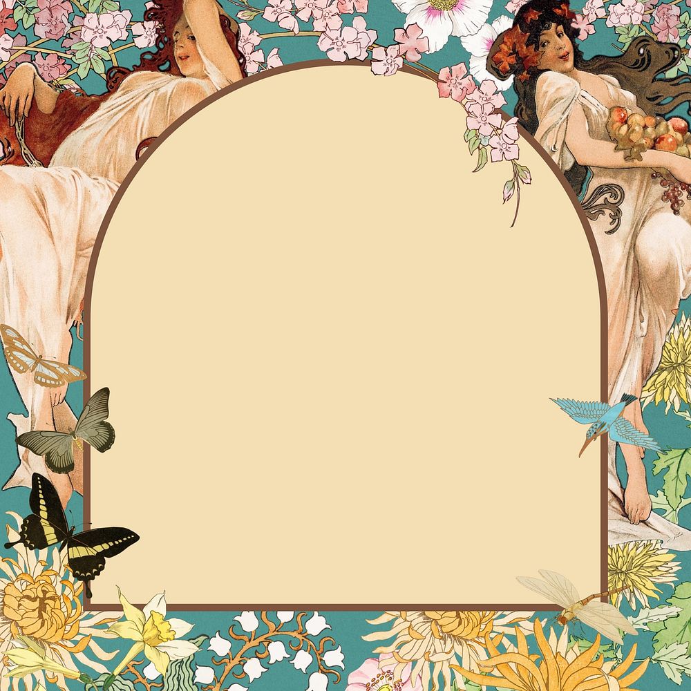 Vintage flower frame background, goddess illustrations, remixed from the artwork of Alphonse Mucha