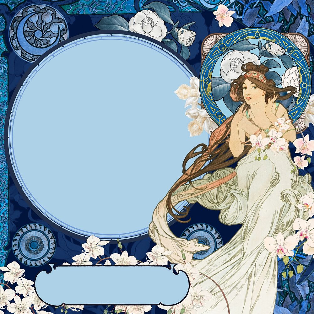 Blue celestial goddess background, Alphonse Mucha's famous artwork, remixed by rawpixel
