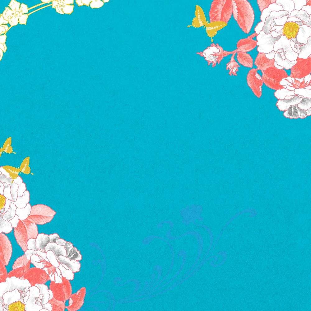 Rose blue background, floral border, remixed by rawpixel