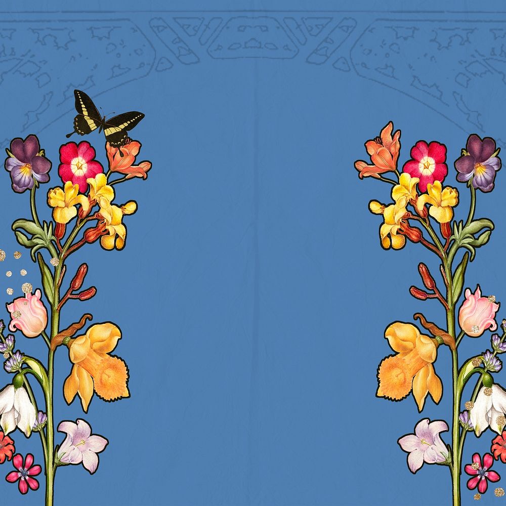 Colorful flower border, blue background, remixed by rawpixel