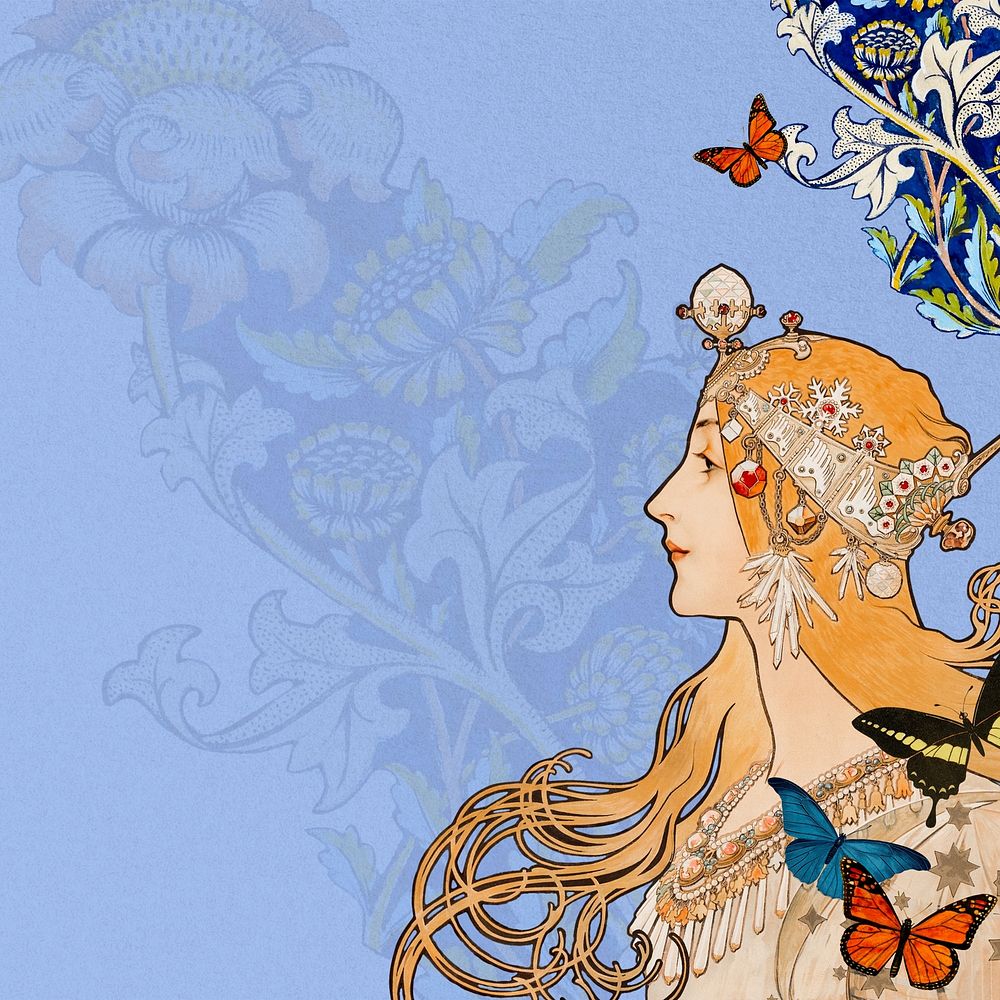 Alphonse Mucha's Zodiac background, vintage woman, remixed by rawpixel