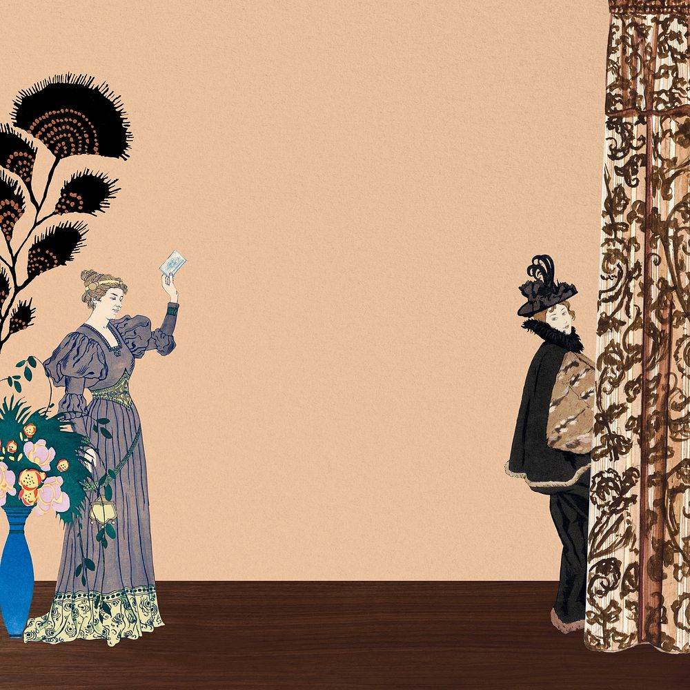 George Barbier's Victorian women background, floral border, remixed by rawpixel