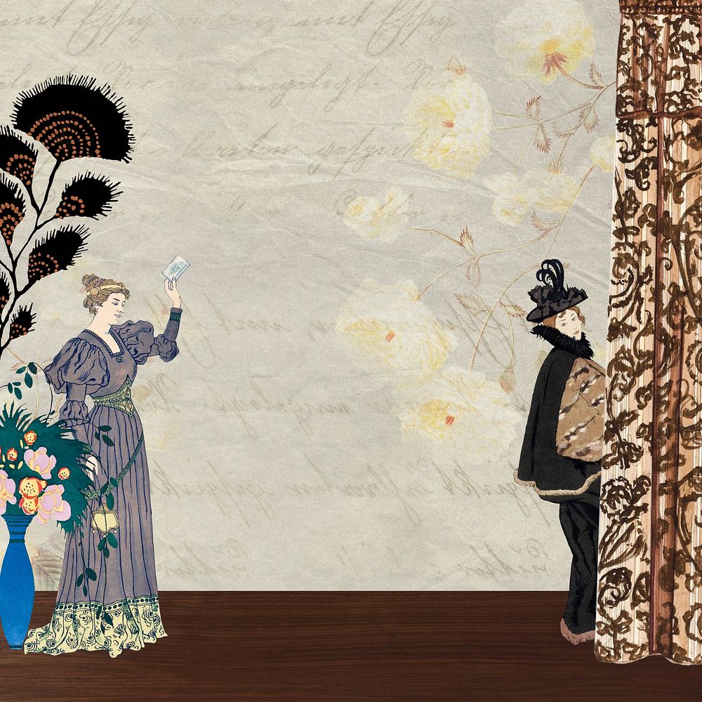 Vintage Victorian women background, floral border, remixed from the artwork of George Barbier