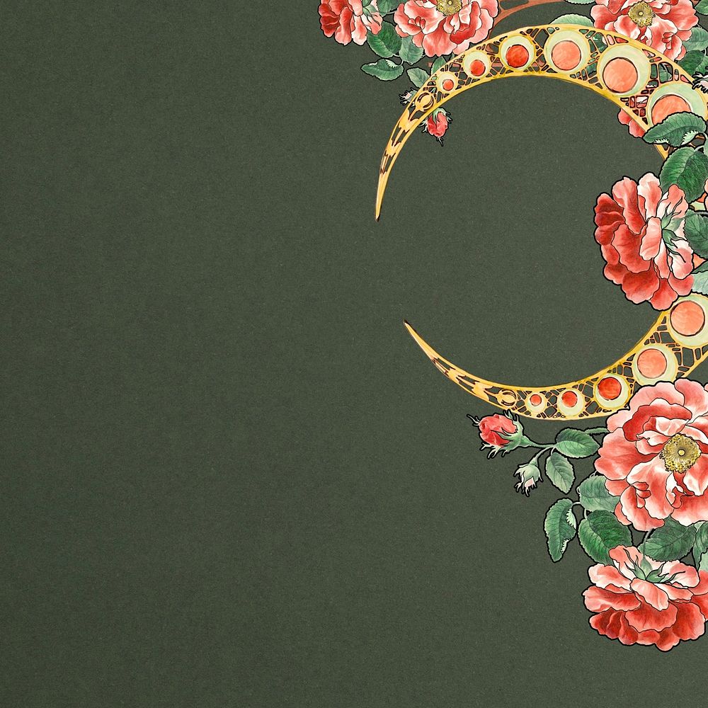Floral crescent moon, green background, remixed by rawpixel