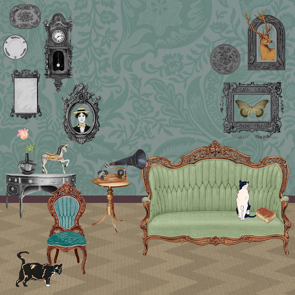 Art Nouveau living room background, cats in a house drawing, remixed by rawpixel