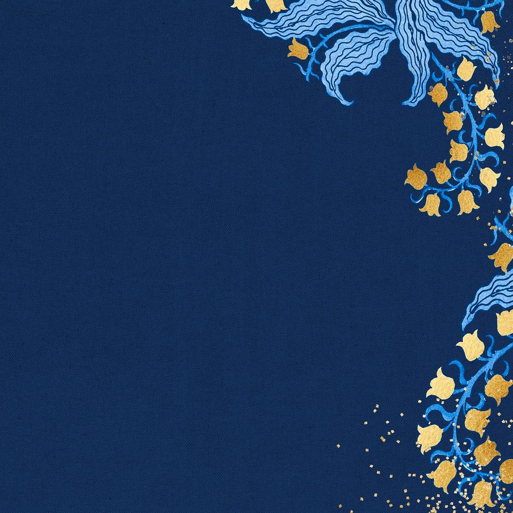 Gold flower border, blue background, remixed by rawpixel