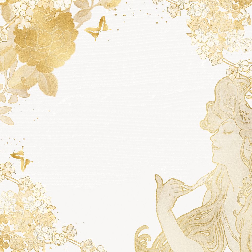 Gold floral frame background, Alphonse Mucha's woman vintage illustration, remixed by rawpixel