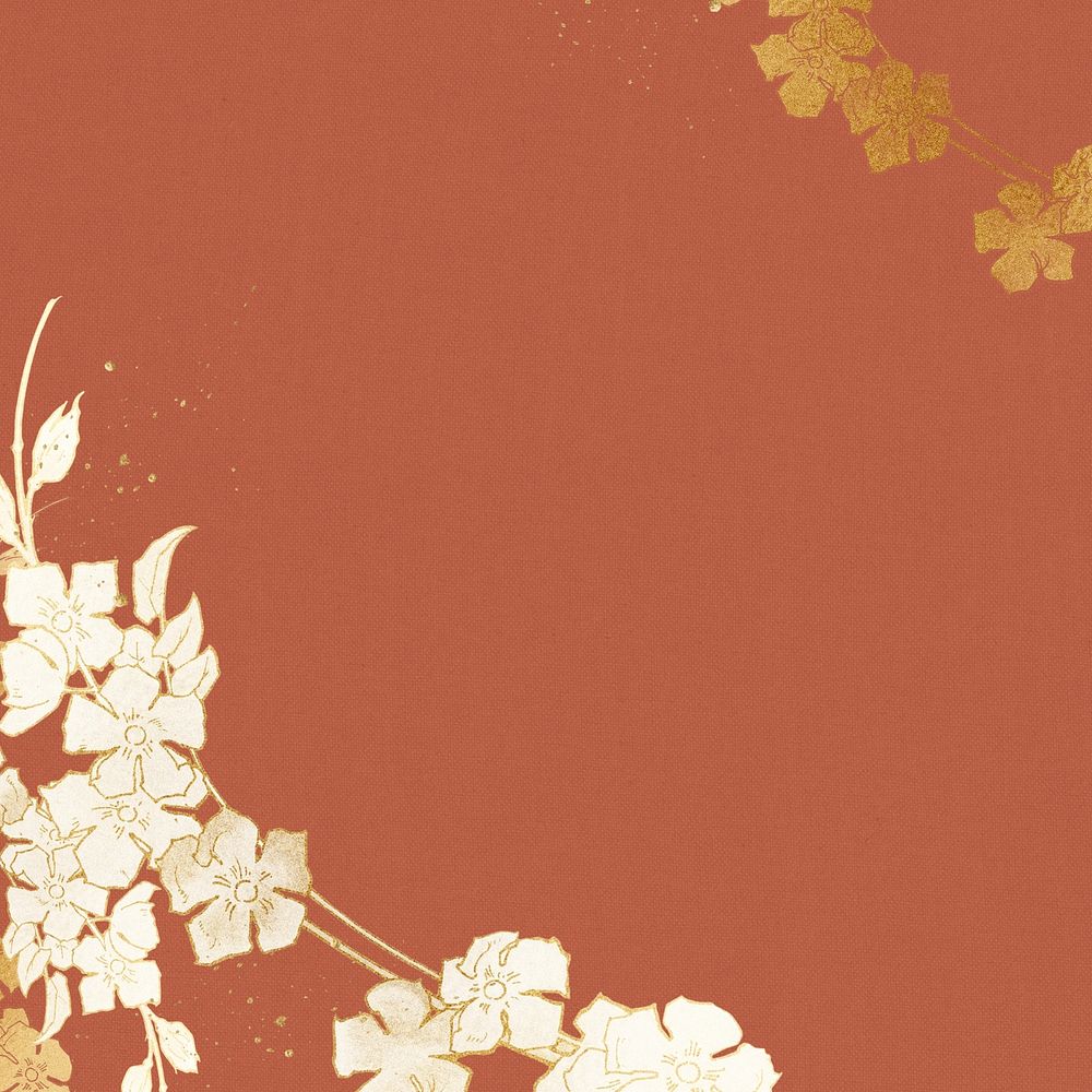 Gold floral border, orange background, remixed by rawpixel