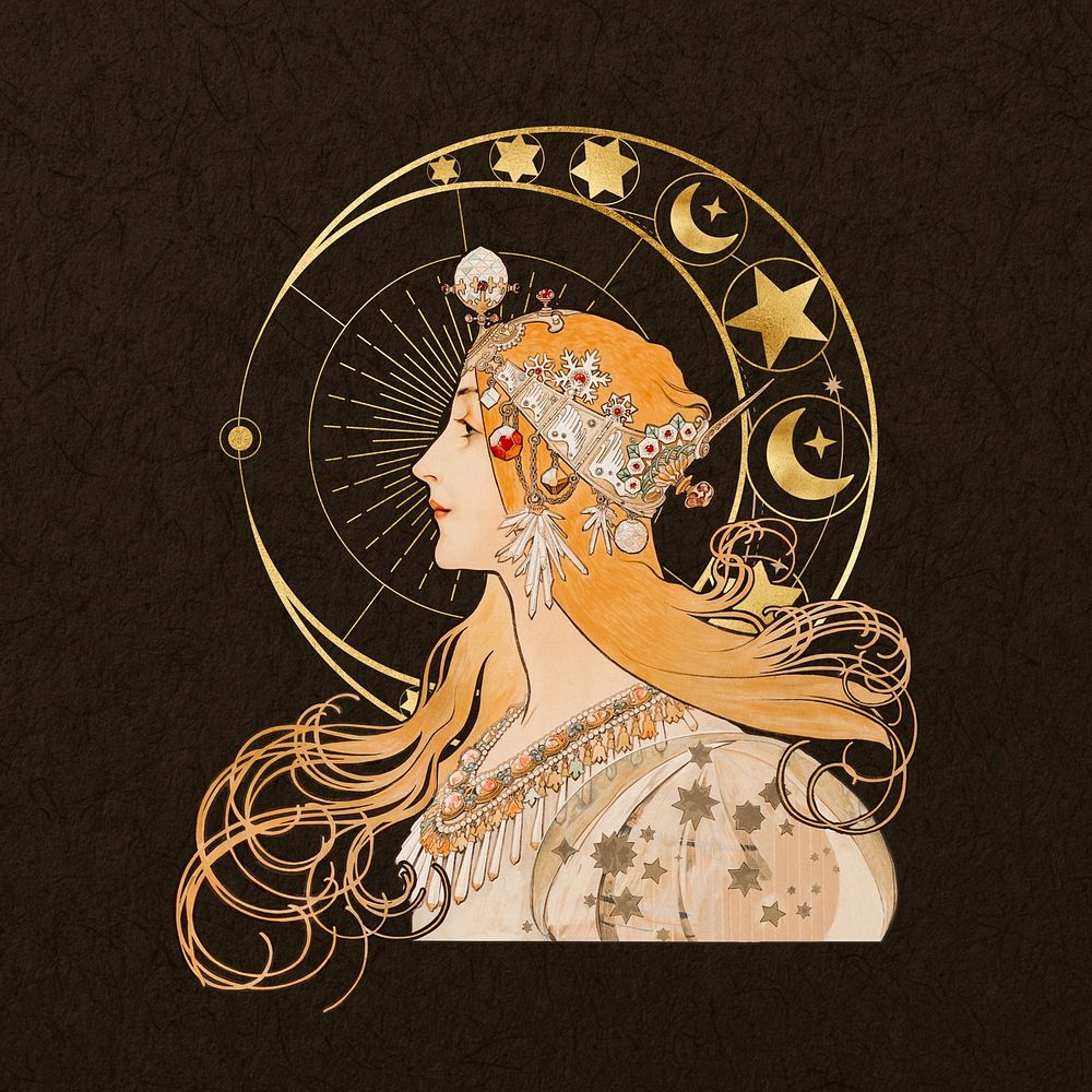 Alphonse Mucha's Zodiac, vintage woman, remixed by rawpixel