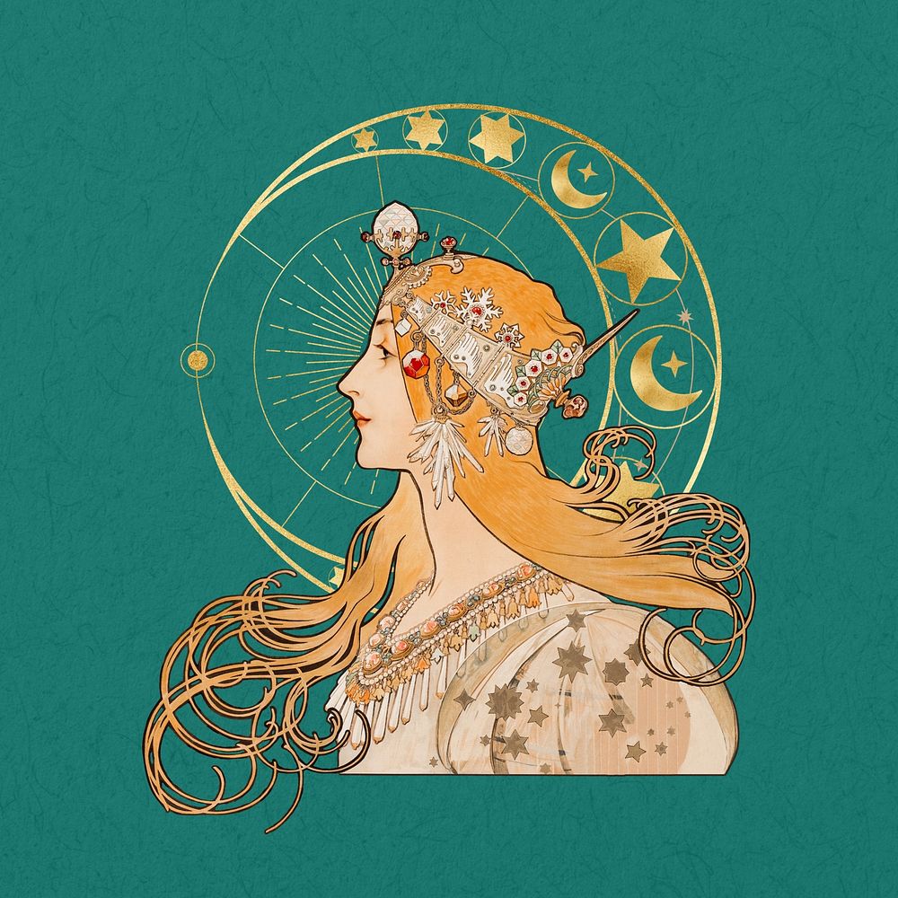 Alphonse Mucha's Zodiac, vintage woman, remixed by rawpixel