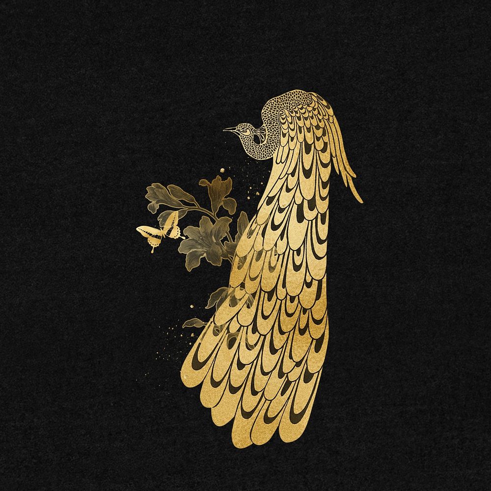 Gold peacock on black, remixed by rawpixel