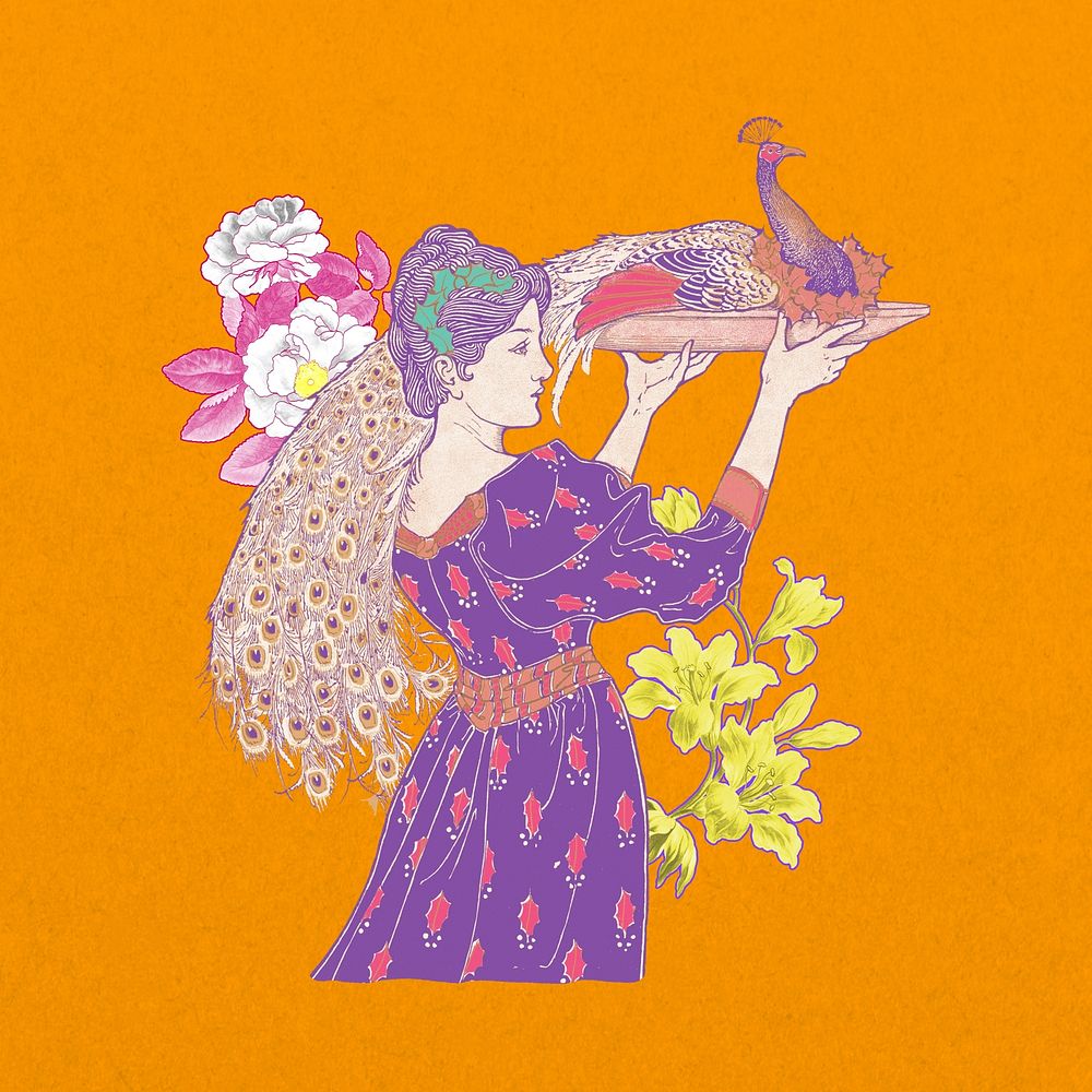 Woman carrying peacock, vintage illustration, remixed from the artwork of Louis Rhead