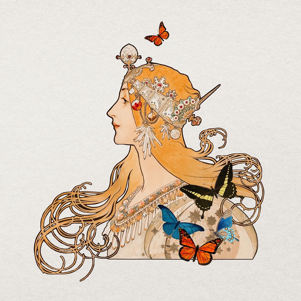 Alphonse Mucha's Zodiac, vintage woman illustration, remixed by rawpixel
