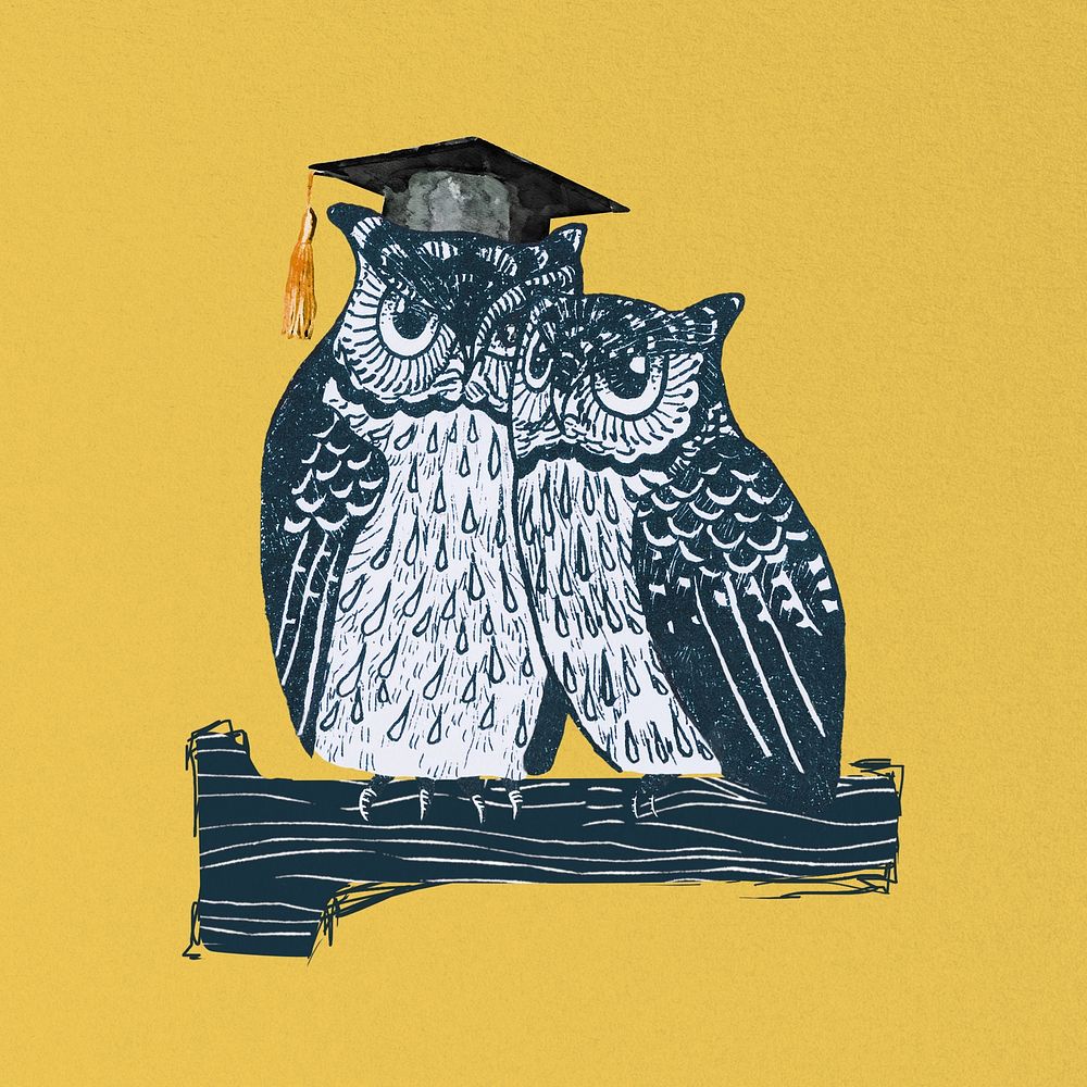 Owls with graduation cap illustration, remixed by rawpixel