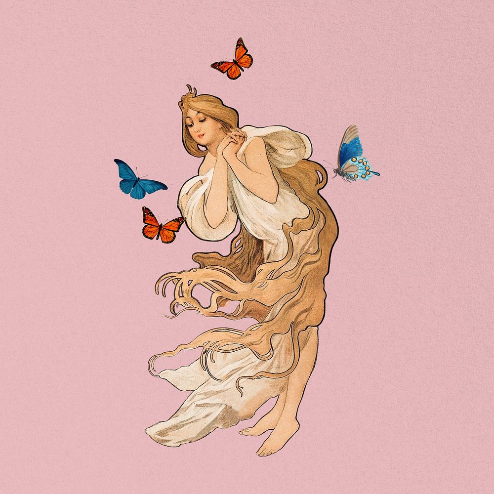 Vintage butterfly woman, remixed from the artwork of Alphonse Mucha