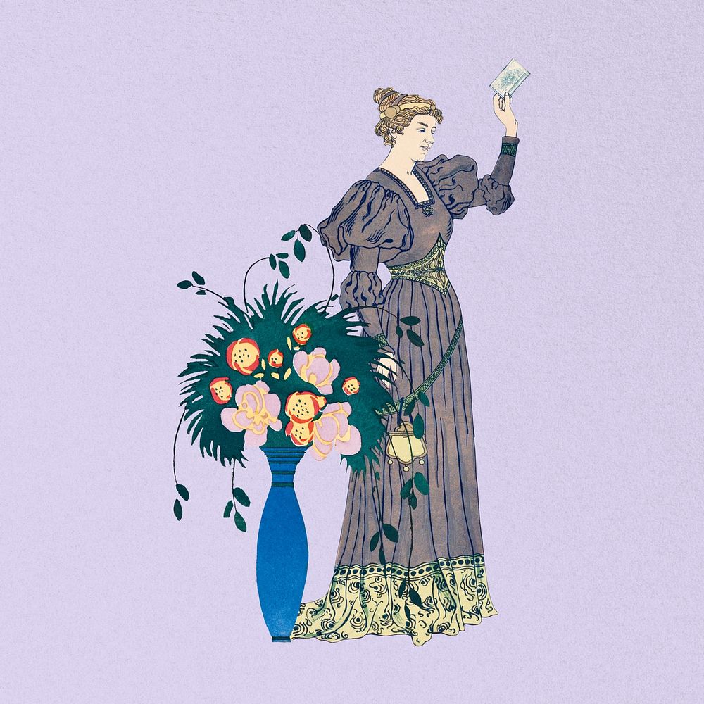 Flower vintage woman, art nouveau, remixed by rawpixel