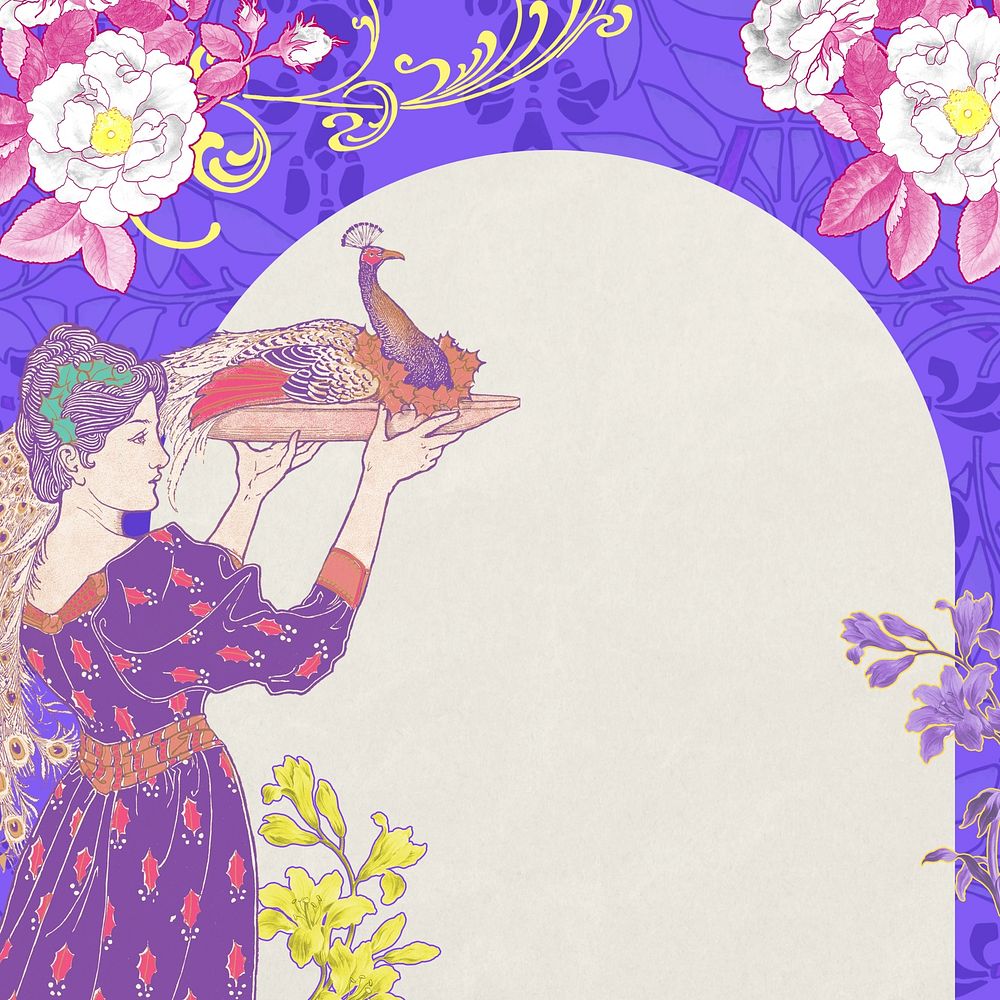 Woman carrying peacock background, vintage arch frame, remixed from the artwork of Louis Rhead
