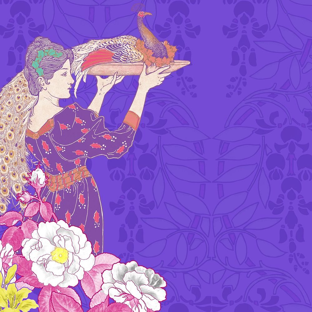 Woman carrying peacock background, vintage purple pattern, remixed from the artwork of Louis Rhead