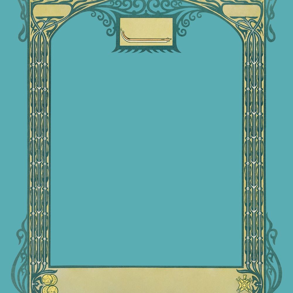 Blue arch pillar background, green vintage frame
