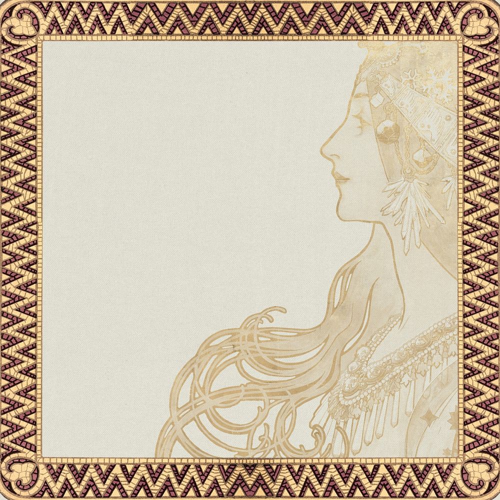 Alphonse Mucha's Zodiac background, vintage woman frame, remixed by rawpixel